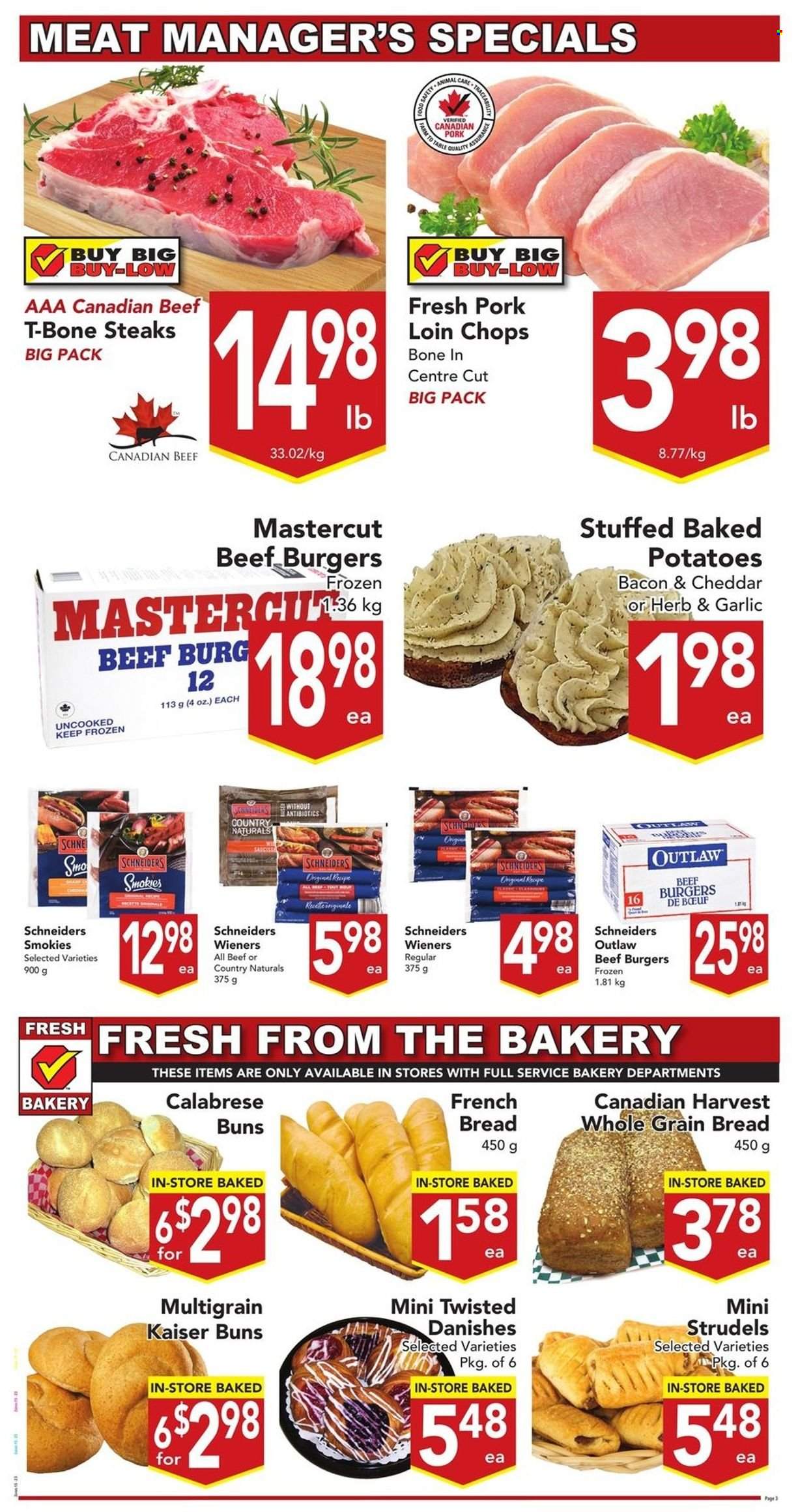 thumbnail - Buy-Low Foods Flyer - May 22, 2022 - May 28, 2022 - Sales products - bread, buns, french bread, potatoes, hamburger, baked potatoes, beef burger, bacon, sausage, smoked sausage, frankfurters, beef meat, beef steak, t-bone steak, steak, pork chops, pork loin, pork meat. Page 3.