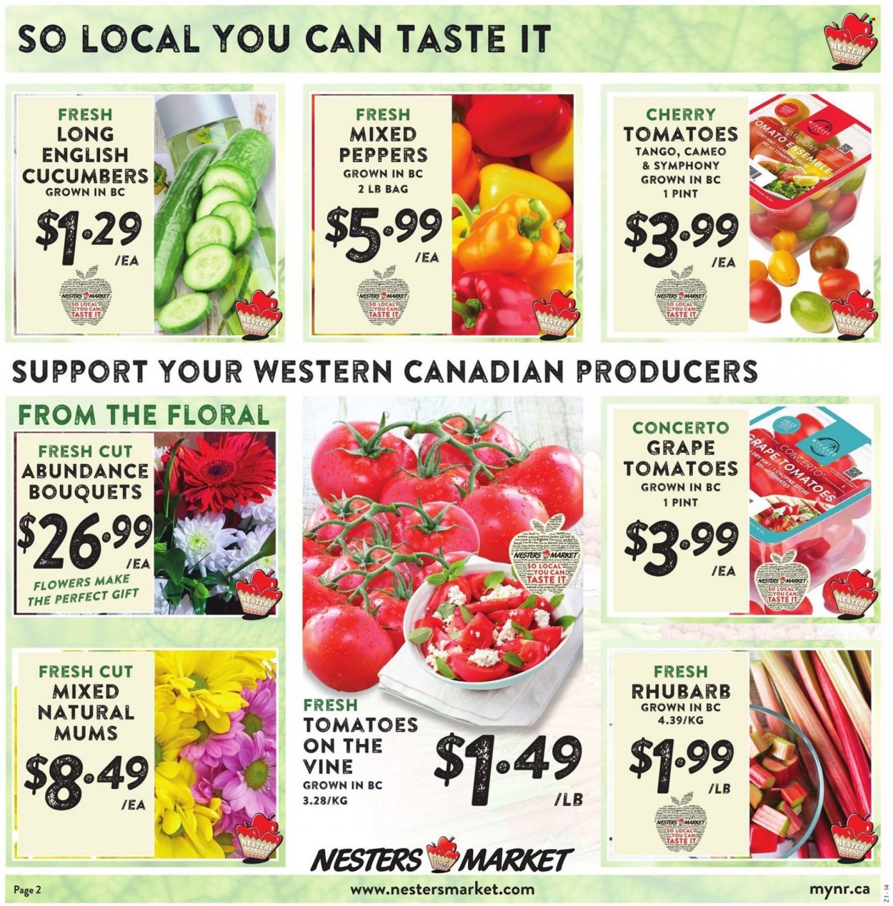 thumbnail - Nesters Food Market Flyer - May 22, 2022 - May 28, 2022 - Sales products - cucumber, rhubarb, tomatoes, peppers, cherries, bouquet. Page 2.