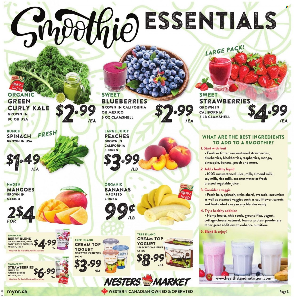 thumbnail - Nesters Food Market Flyer - May 22, 2022 - May 28, 2022 - Sales products - cauliflower, kale, avocado, bananas, blackberries, pineapple, cherries, organic bananas, peaches, cottage cheese, cheese, yoghurt, almond milk, soy milk, oatmeal, chia seeds, juice, coconut water, vegetable juice, rice milk, chard, whey protein. Page 3.
