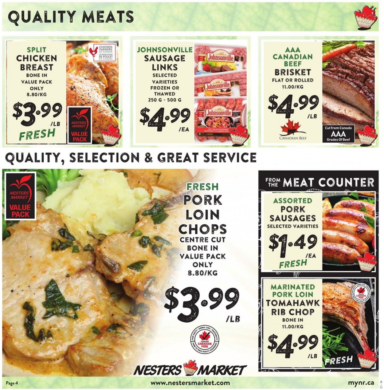 thumbnail - Nesters Food Market Flyer - May 22, 2022 - May 28, 2022 - Sales products - Johnsonville, sausage, chicken breasts, chicken, tomahawk steak, pork loin, pork meat, marinated pork, rib chops. Page 4.