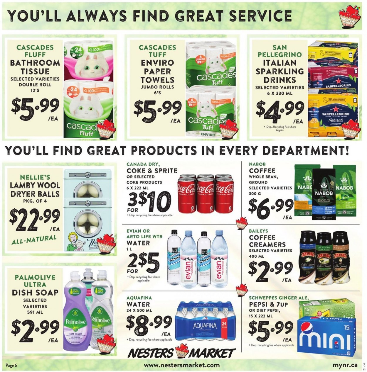 thumbnail - Nesters Food Market Flyer - May 22, 2022 - May 28, 2022 - Sales products - lemons, almond milk, creamer, Canada Dry, Coca-Cola, ginger ale, Schweppes, Sprite, Pepsi, Diet Pepsi, 7UP, Aquafina, Evian, San Pellegrino, Baileys, bath tissue, paper towels, Palmolive, soap, oranges. Page 6.