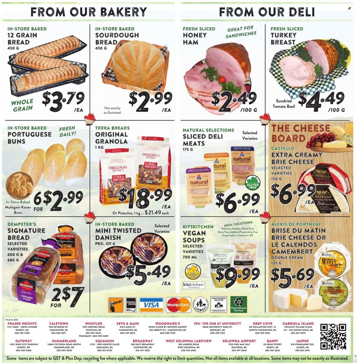 thumbnail - Nesters Food Market Flyer - May 22, 2022 - May 28, 2022 - Sales products - buns, sourdough bread, sandwich, sliced turkey, ham, brie, esponja, dried fruit, turkey breast, turkey, camembert, granola, raisins. Page 8.