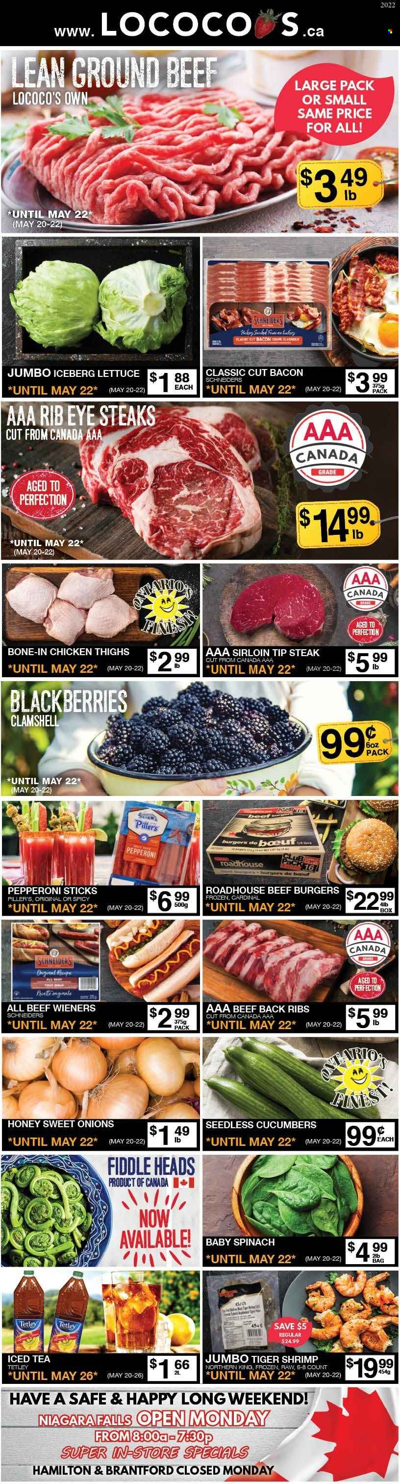 thumbnail - Lococo's Flyer - May 20, 2022 - May 22, 2022 - Sales products - cucumber, spinach, lettuce, blackberries, chicken thighs, chicken, beef meat, ground beef, hamburger, beef burger, bacon, pepperoni, shrimps, honey, steak. Page 1.