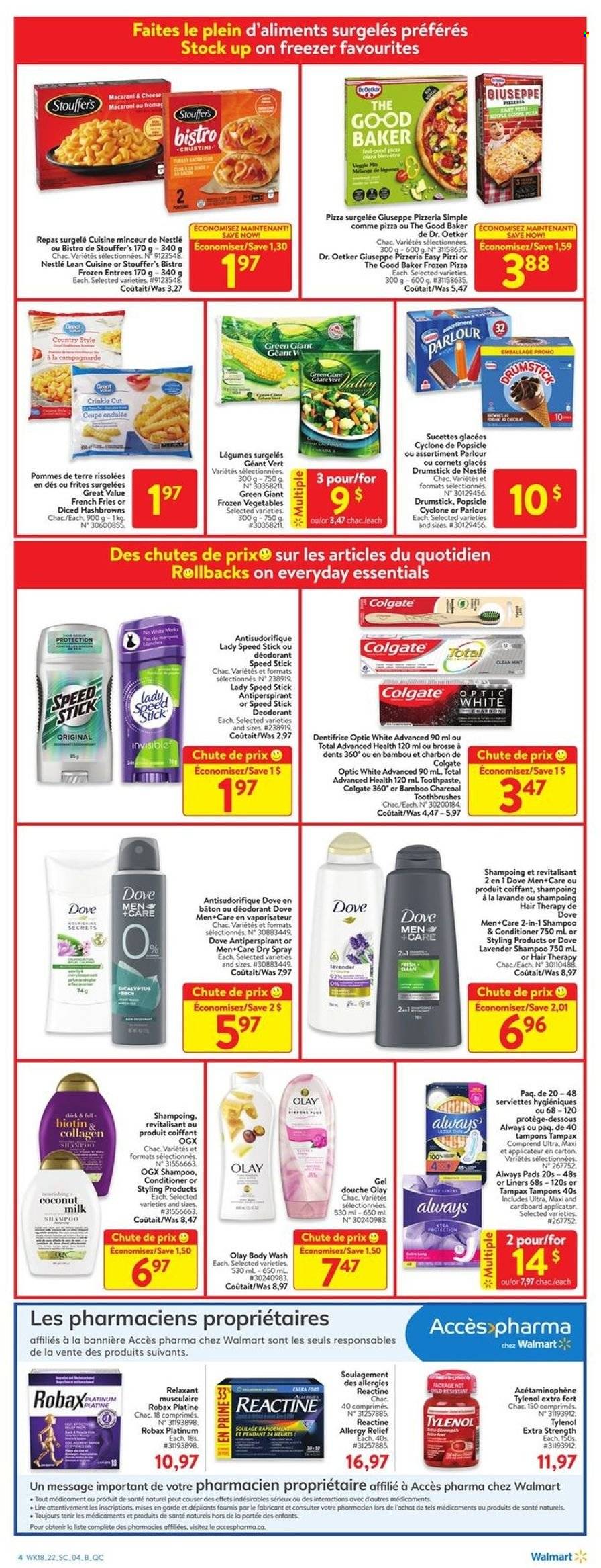 thumbnail - Walmart Flyer - May 26, 2022 - June 01, 2022 - Sales products - macaroni & cheese, pizza, Lean Cuisine, Dr. Oetker, frozen vegetables, Stouffer's, hash browns, potato fries, french fries, coconut milk, body wash, toothpaste, Always pads, tampons, Olay, OGX, conditioner, anti-perspirant, Speed Stick, freezer, pendant, Biotin, Tylenol, allergy relief, Dove, Colgate, Nestlé, shampoo, Tampax, deodorant. Page 5.