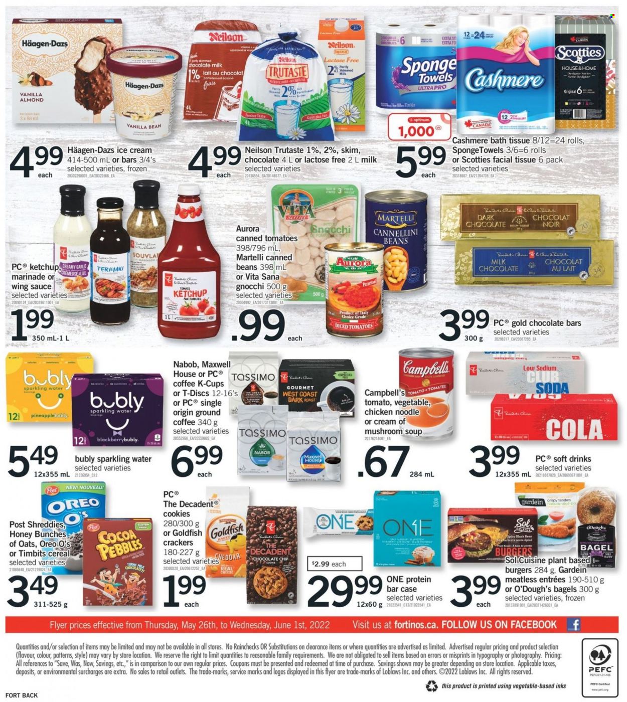 thumbnail - Fortinos Flyer - May 26, 2022 - June 01, 2022 - Sales products - bagels, garlic, tomatoes, Campbell's, mushroom soup, soup, hamburger, sauce, noodles, cheese, ice cream, ice cream bars, Häagen-Dazs, cookies, milk chocolate, crackers, dark chocolate, chocolate bar, Goldfish, cannellini beans, diced tomatoes, cereals, protein bar, marinade, wing sauce, soft drink, Club Soda, sparkling water, Maxwell House, coffee, ground coffee, coffee capsules, K-Cups, bath tissue, sponge, towel, Optimum, gnocchi, ketchup, Oreo. Page 2.