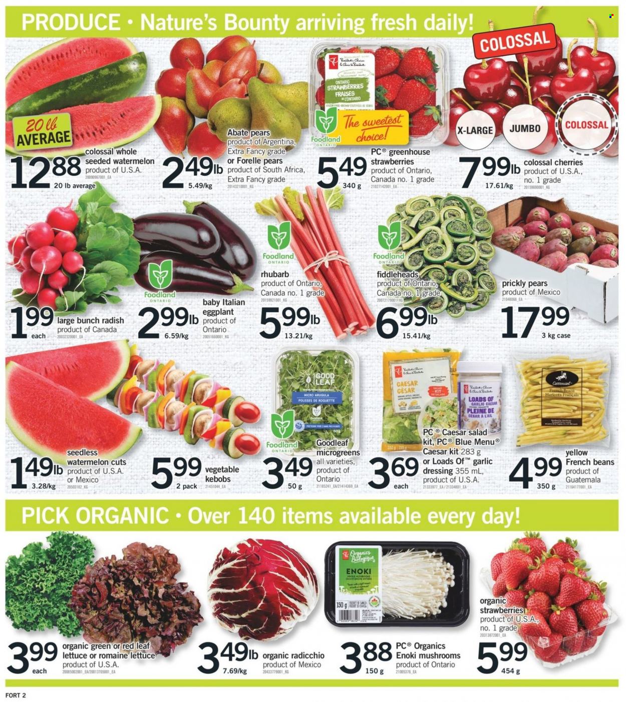 thumbnail - Fortinos Flyer - May 26, 2022 - June 01, 2022 - Sales products - mushrooms, arugula, beans, french beans, garlic, radishes, rhubarb, lettuce, salad, eggplant, strawberries, watermelon, cherries, pears, rice, dressing, greenhouse, Nature's Bounty, radicchio. Page 3.
