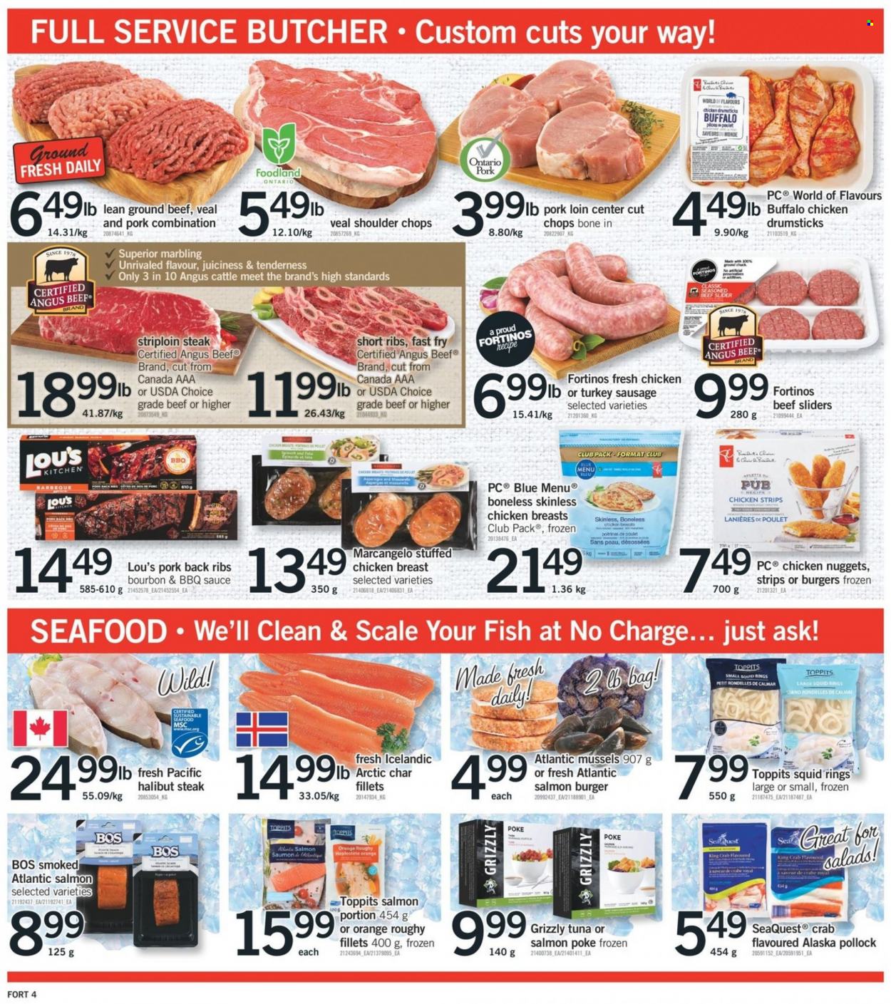 thumbnail - Fortinos Flyer - May 26, 2022 - June 01, 2022 - Sales products - scale, mussels, squid, tuna, halibut, king crab, pollock, crab, fish, squid rings, nuggets, sauce, chicken nuggets, stuffed chicken, sausage, feta, strips, chicken strips, BBQ sauce, chicken drumsticks, chicken, beef meat, ground beef, ground chuck, striploin steak, pork loin, pork meat, pork ribs, pork back ribs, BRAND'S, steak, oranges. Page 4.