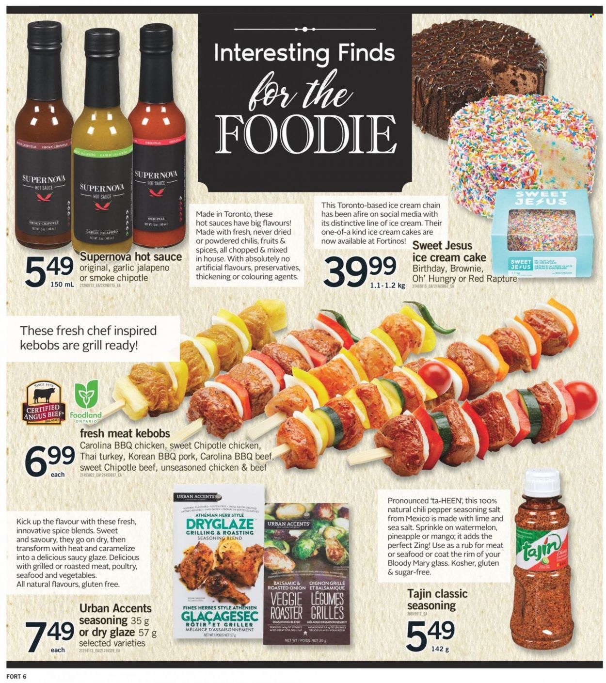 thumbnail - Fortinos Flyer - May 26, 2022 - June 01, 2022 - Sales products - cake, brownies, garlic, onion, jalapeño, watermelon, seafood, ice cream, sea salt, pepper, spice, herbs, hot sauce, beef meat, roaster, coat, grill. Page 6.