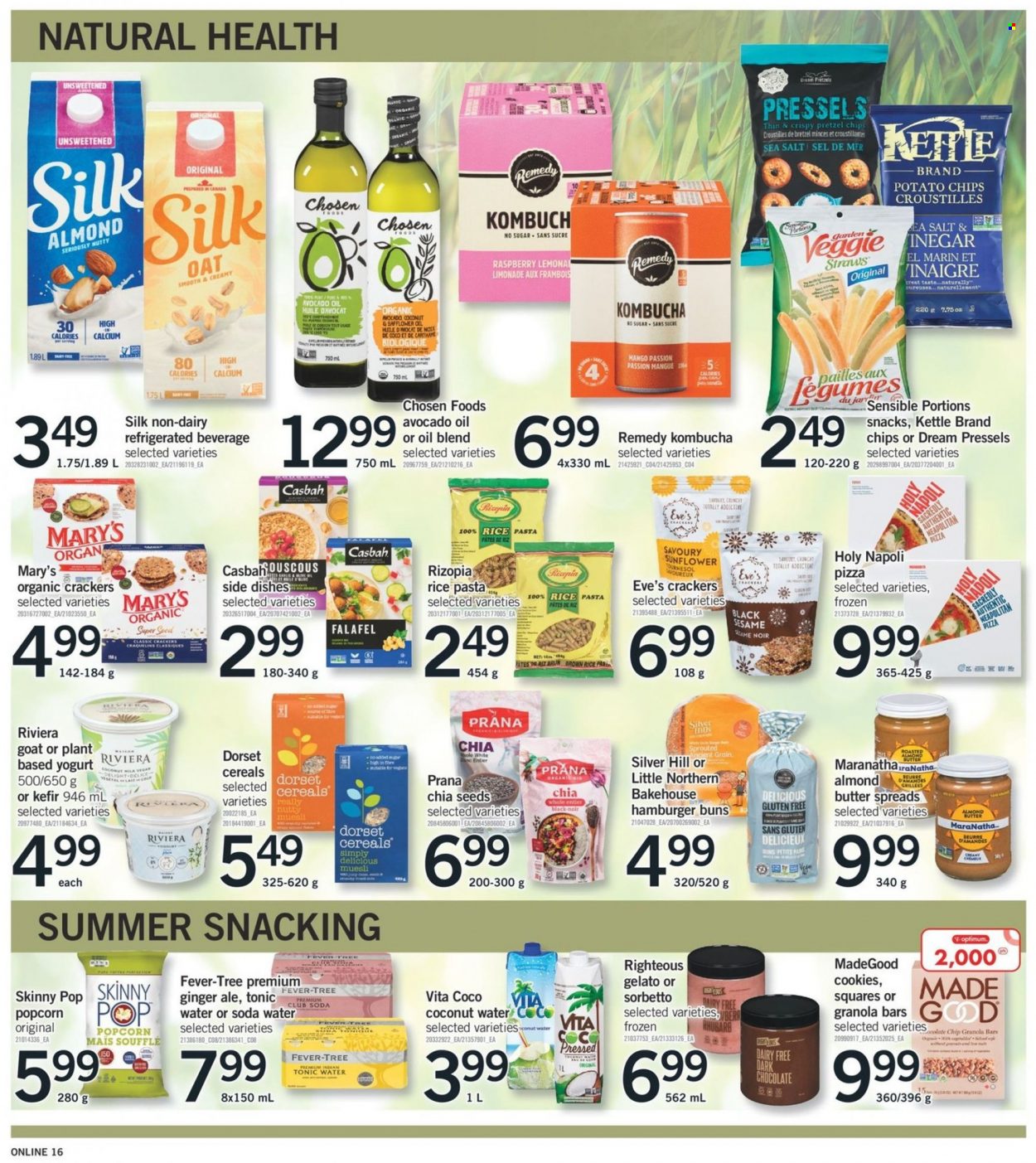 thumbnail - Fortinos Flyer - May 26, 2022 - June 01, 2022 - Sales products - pretzels, buns, burger buns, rhubarb, pizza, pasta, yoghurt, Silk, kefir, almond butter, gelato, cookies, chocolate, snack, Mars, crackers, dark chocolate, potato chips, popcorn, Skinny Pop, oats, coconut milk, cereals, granola bar, muesli, brown rice, chia seeds, avocado oil, safflower oil, ginger ale, tonic, coconut water, Club Soda, kombucha, straw, Optimum, Hill's, table, plant seeds, sunflower. Page 15.