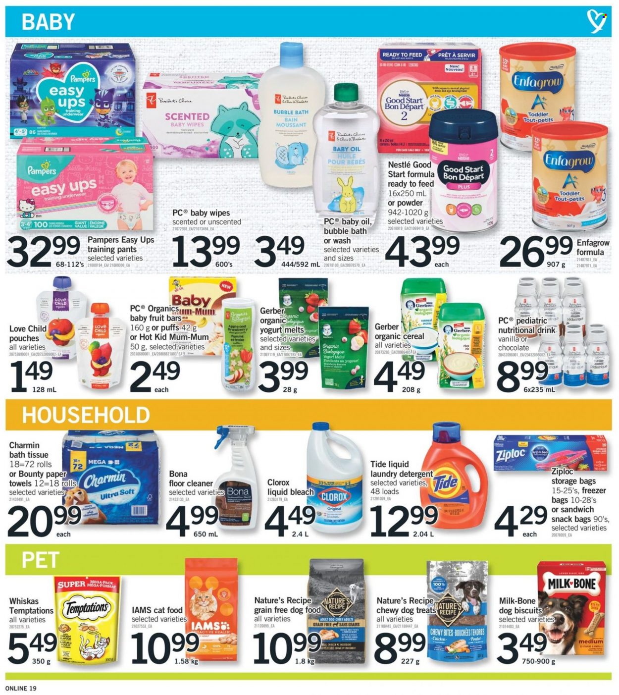 thumbnail - Fortinos Flyer - May 26, 2022 - June 01, 2022 - Sales products - puffs, sandwich, Président, yoghurt, milk, chocolate, Bounty, Gerber, oatmeal, cereals, rice, alcohol, wipes, pants, baby wipes, baby pants, baby oil, bath tissue, kitchen towels, paper towels, Charmin, cleaner, bleach, floor cleaner, Clorox, Tide, laundry detergent, bubble bath, Mum, Ziploc, storage bag, freezer bag, animal food, animal treats, cat food, dog food, dog biscuits, Iams, freezer, underwear, detergent, Nestlé, Pampers, Whiskas. Page 18.