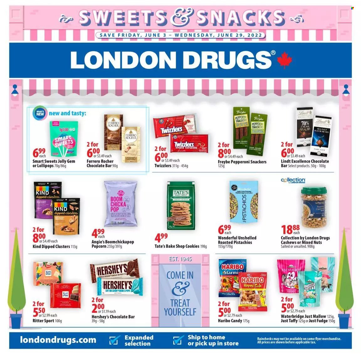 thumbnail - Circulaire London Drugs - 03 Juin 2022 - 29 Juin 2022 - Produits soldés - Ferrero Rocher, cookies, popcorn, cacao, Coca-Cola, Candy, fleur, Ritter Sport, Lindt. Page 1.