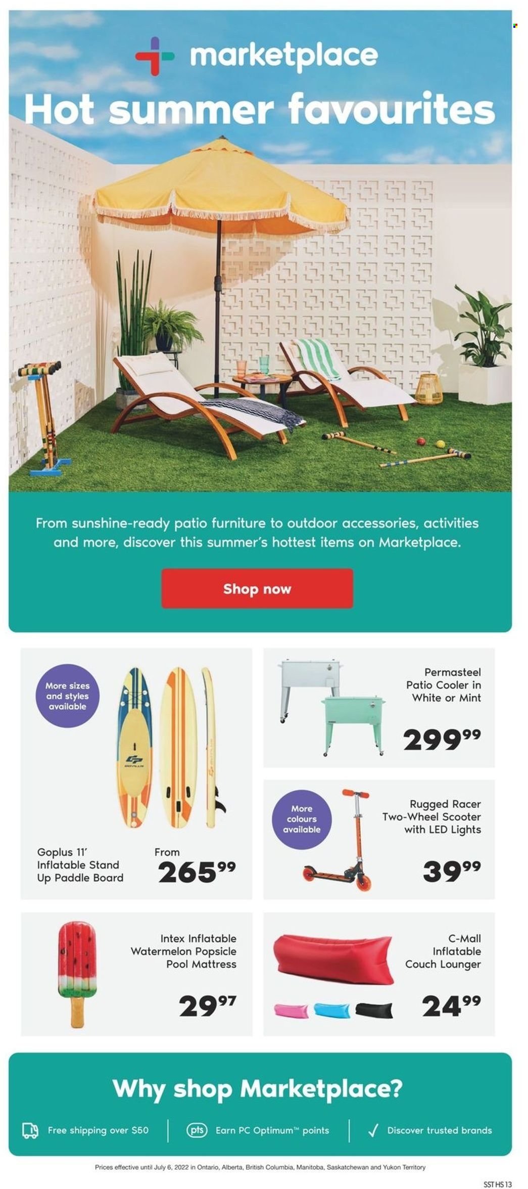 thumbnail - Real Canadian Superstore Flyer - June 09, 2022 - July 06, 2022 - Sales products - watermelon, Sunshine, Optimum, couch, mattress, patio furniture, Intex, LED light, pool. Page 13.