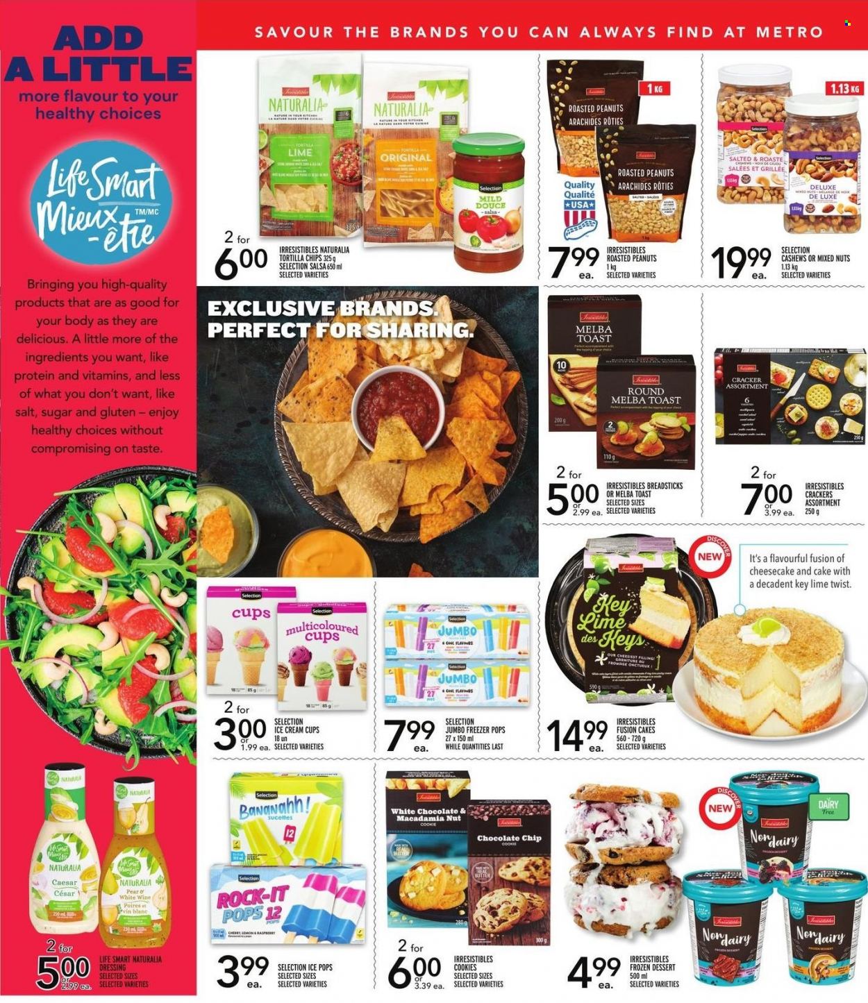 thumbnail - Metro Flyer - June 16, 2022 - July 13, 2022 - Sales products - cake, cherries, pears, butter, cookies, crackers, bread sticks, tortilla chips, dressing, salsa, cashews, roasted peanuts, peanuts, mixed nuts, wine, cup. Page 4.