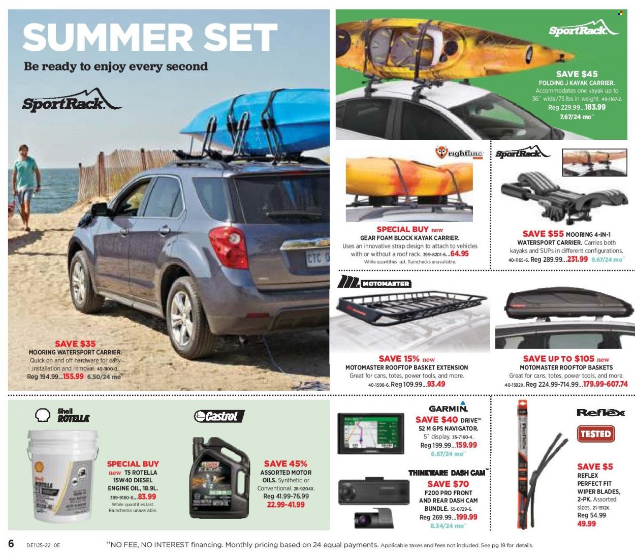 thumbnail - Canadian Tire Flyer - June 17, 2022 - July 07, 2022 - Sales products - basket, dashboard camera, tote, kayak, power tools, strap, wiper blades, roof rack, motor oil, Rotella, Shell, Castrol. Page 6.