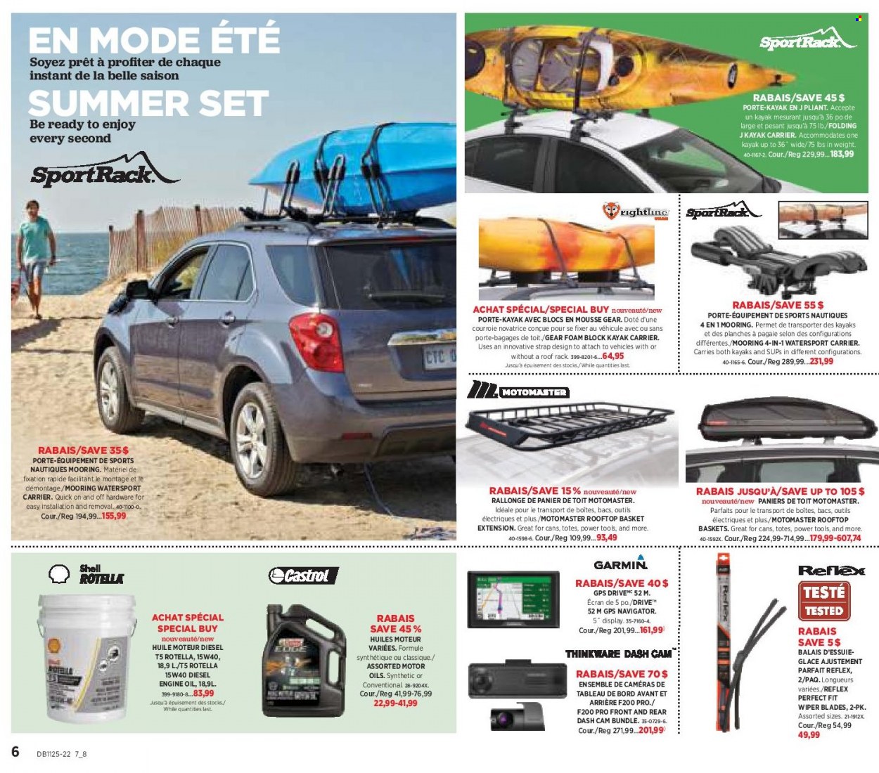 thumbnail - Canadian Tire Flyer - June 16, 2022 - July 06, 2022 - Sales products - basket, dashboard camera, tote, kayak, power tools, strap, wiper blades, roof rack, motor oil, Rotella, Shell, Castrol, camera. Page 6.