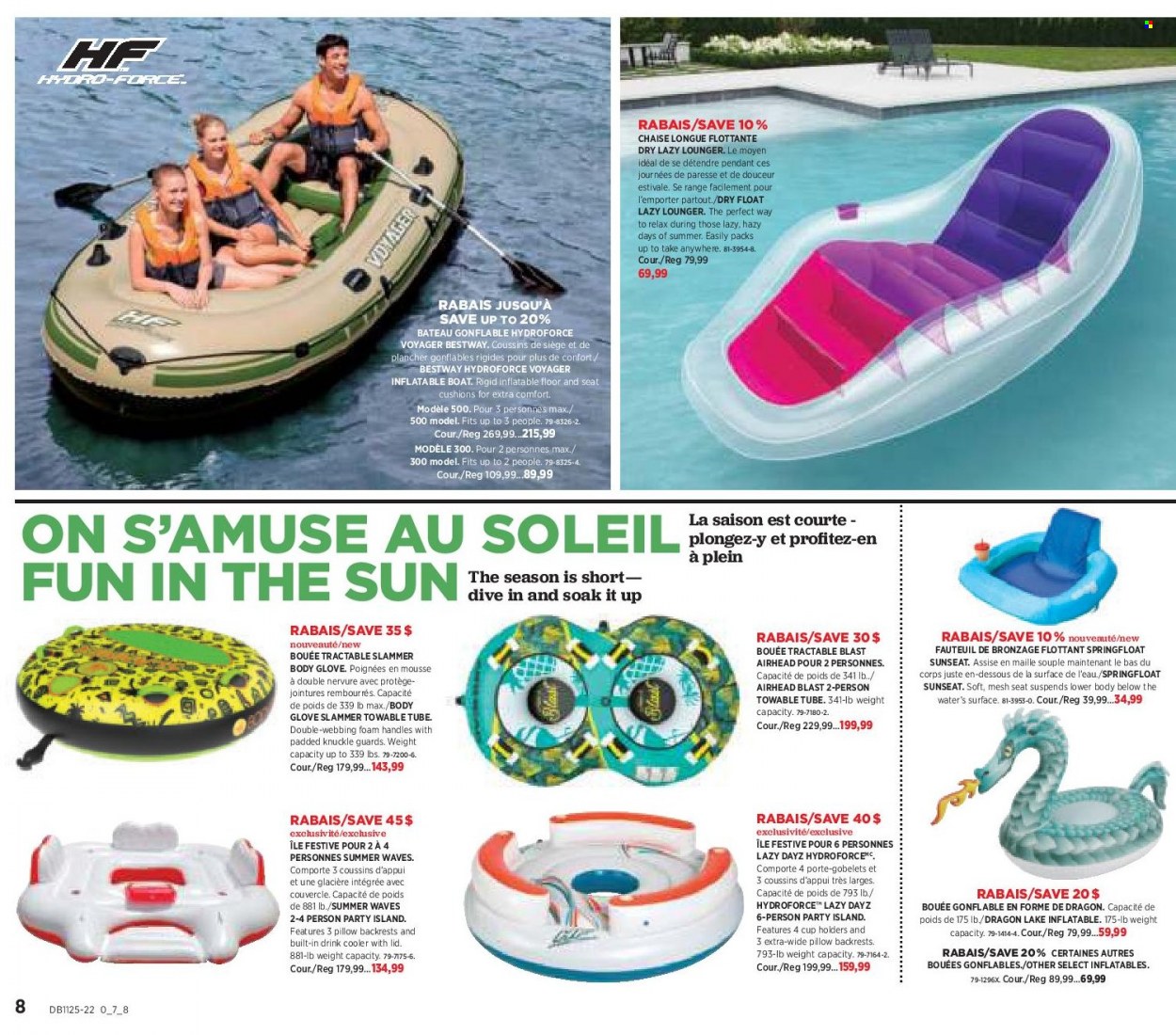 thumbnail - Canadian Tire Flyer - June 16, 2022 - July 06, 2022 - Sales products - cup, cushion, pillow, chaise longue, boat. Page 8.