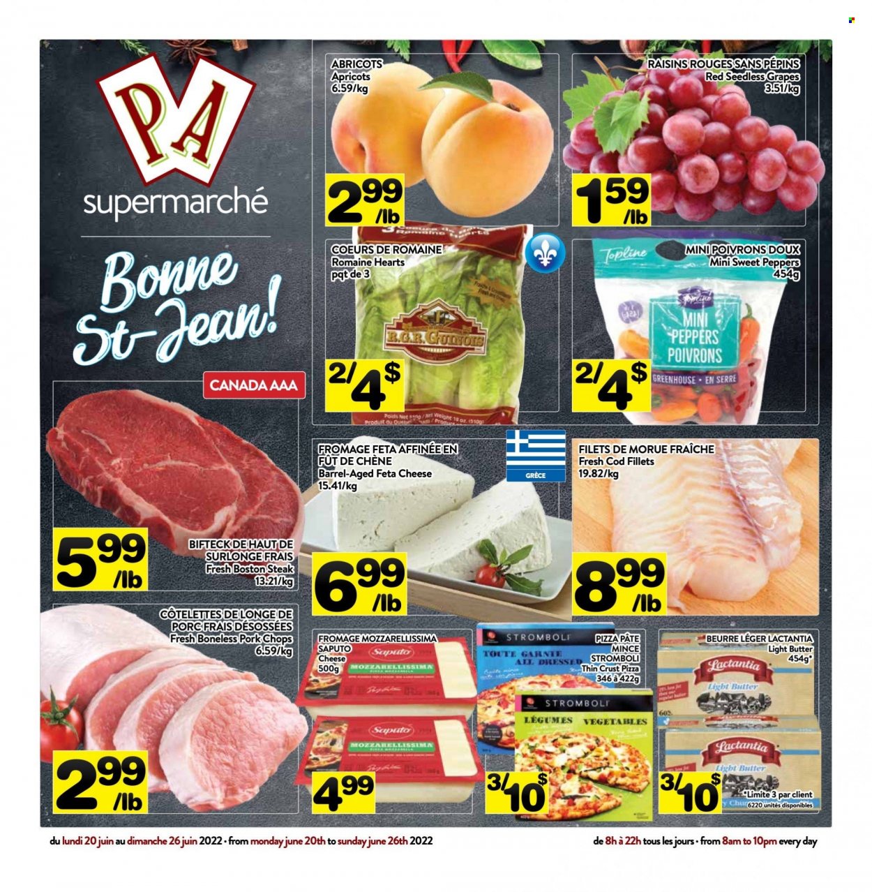 thumbnail - Circulaire PA Supermarché - 20 Juin 2022 - 26 Juin 2022 - Produits soldés - abricots, steak, longe de porc, morue, pizza, féta, beurre, raisins. Page 1.