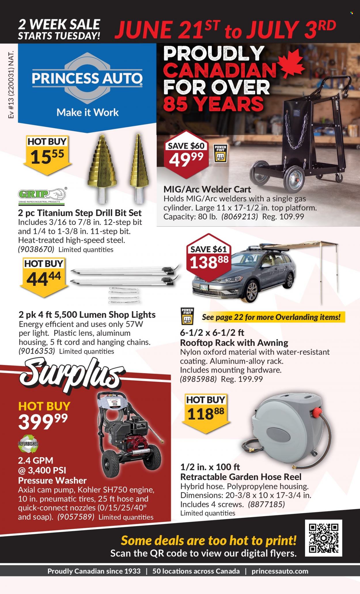 thumbnail - Princess Auto Flyer - June 21, 2022 - July 03, 2022 - Sales products - drill bit set, cart, pressure washer, welder, hose reel, garden hose, tires. Page 1.