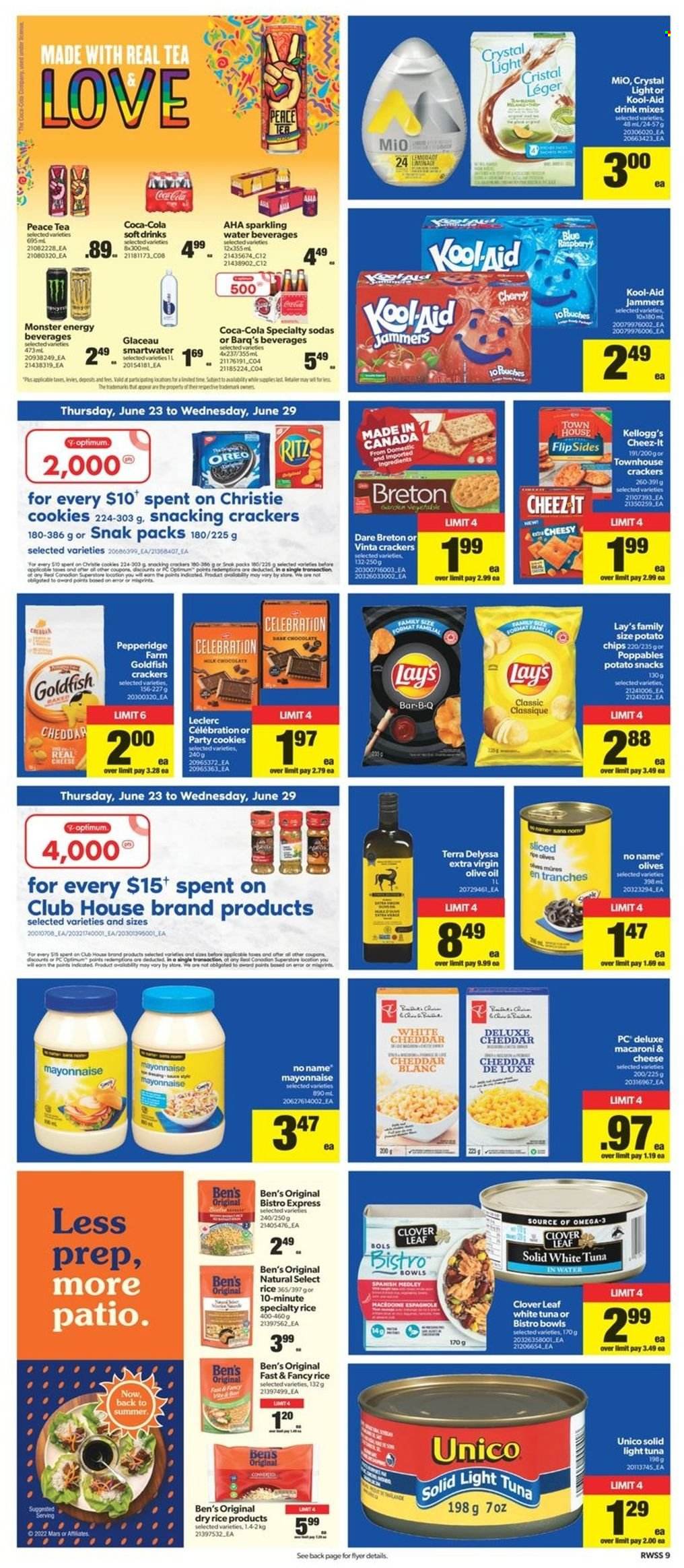 thumbnail - Circulaire Real Canadian Superstore - 23 Juin 2022 - 29 Juin 2022 - Produits soldés - mûres, Oreo, mayonnaise, Kellogg's, cookies, chips, crackers, Lay’s, olives, pâtes, macaroni, Coca-Cola, Monster. Page 10.