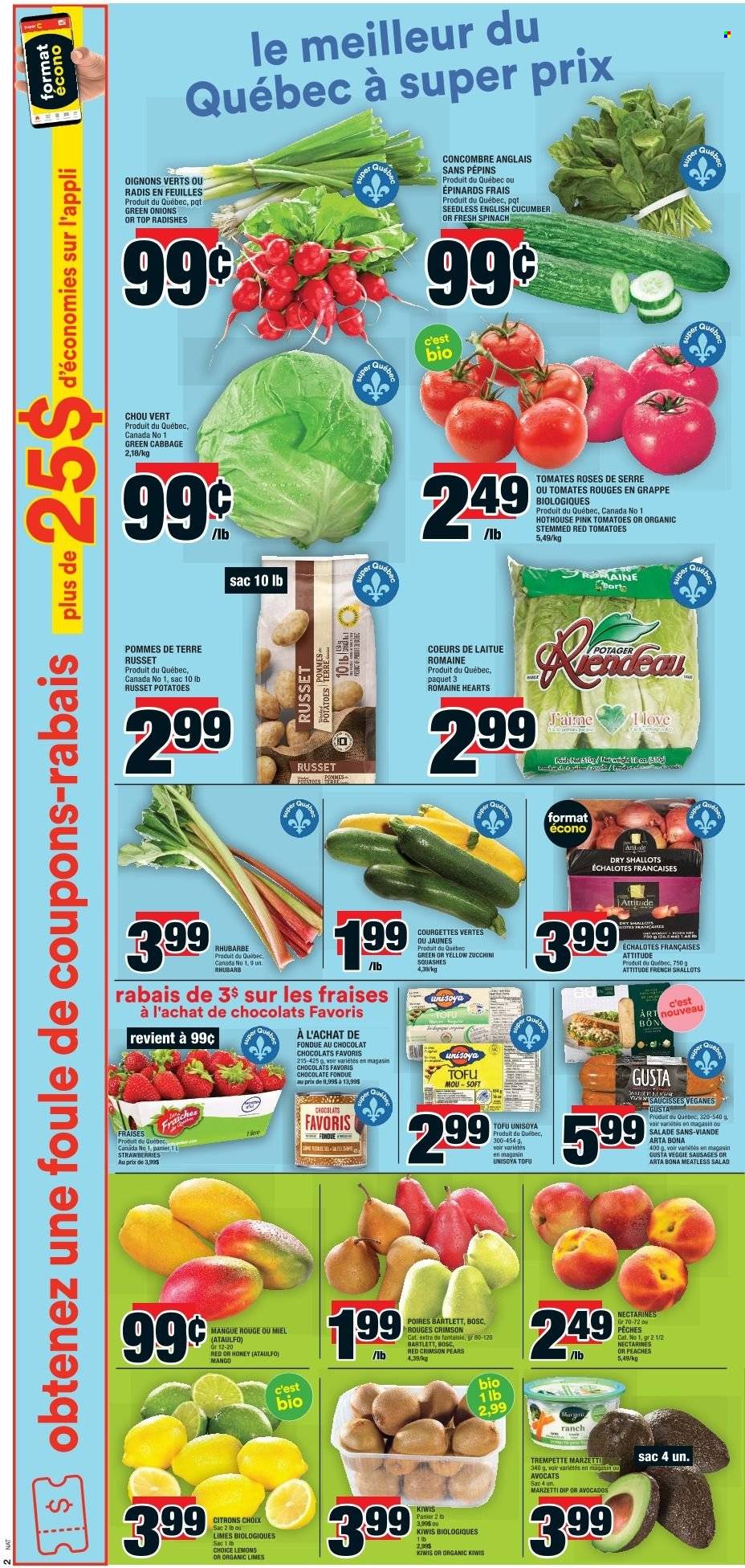 thumbnail - Super C Flyer - June 23, 2022 - June 29, 2022 - Sales products - tart, cabbage, radishes, rhubarb, russet potatoes, shallots, spinach, tomatoes, zucchini, potatoes, salad, green onion, avocado, limes, nectarines, strawberries, pears, lemons, peaches, sausage, tofu, dip, chocolate, kiwi. Page 3.