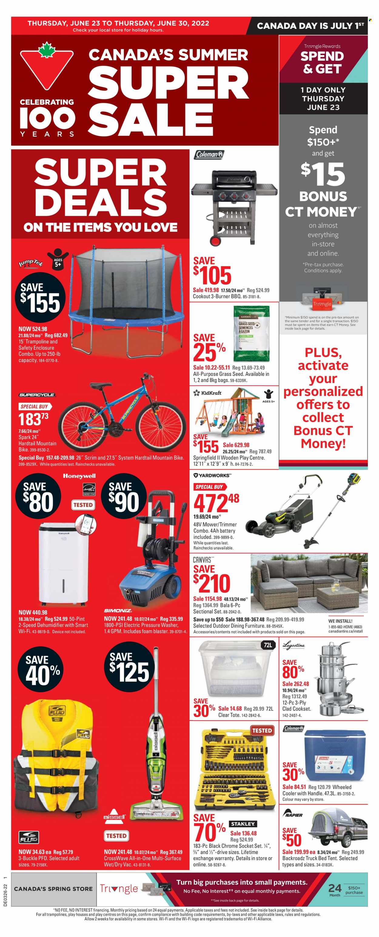 thumbnail - Canadian Tire Flyer - June 23, 2022 - June 30, 2022 - Sales products - bag, wheeled cooler, vacuum cleaner, trimmer, bed, tote, mountain bike, trampoline, tent, socket, socket set, electric pressure washer, pressure washer, plant seeds, grass seed. Page 1.