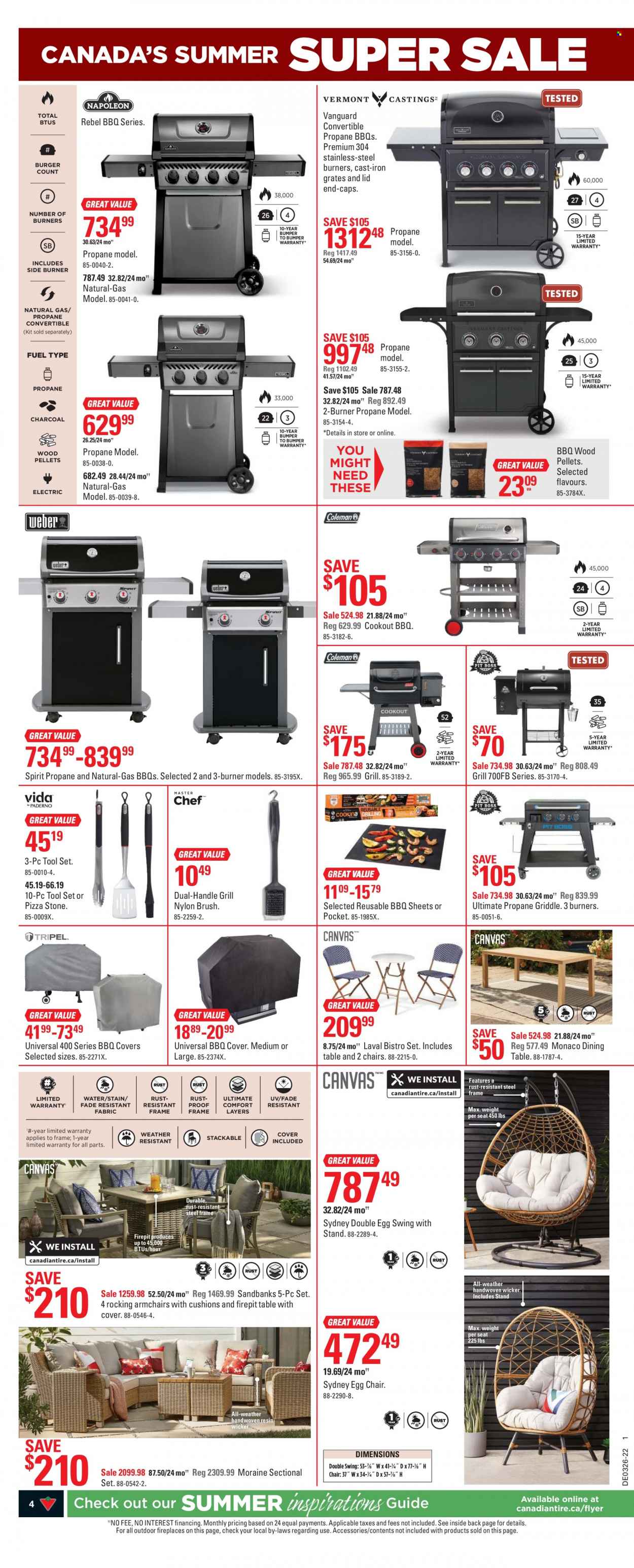 thumbnail - Canadian Tire Flyer - June 23, 2022 - June 30, 2022 - Sales products - chair, lid, cushion, dining table, arm chair, fireplace, tool set, grill. Page 4.