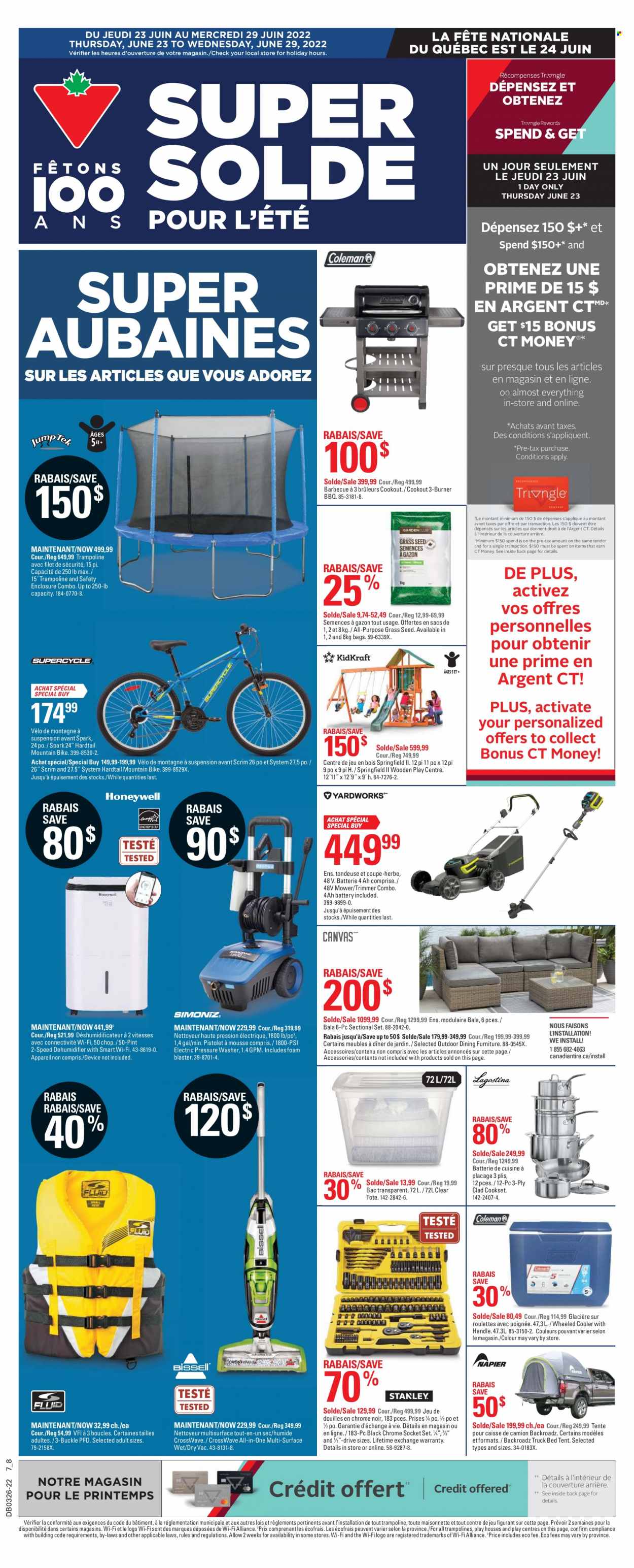thumbnail - Canadian Tire Flyer - June 23, 2022 - June 29, 2022 - Sales products - bag, wheeled cooler, deco strips, canvas, Honeywell, Bissell, vacuum cleaner, trimmer, bed, tote, Coleman, mountain bike, trampoline, tent, KidKraft, Stanley, socket, socket set, electric pressure washer, pressure washer, plant seeds, grass seed. Page 1.