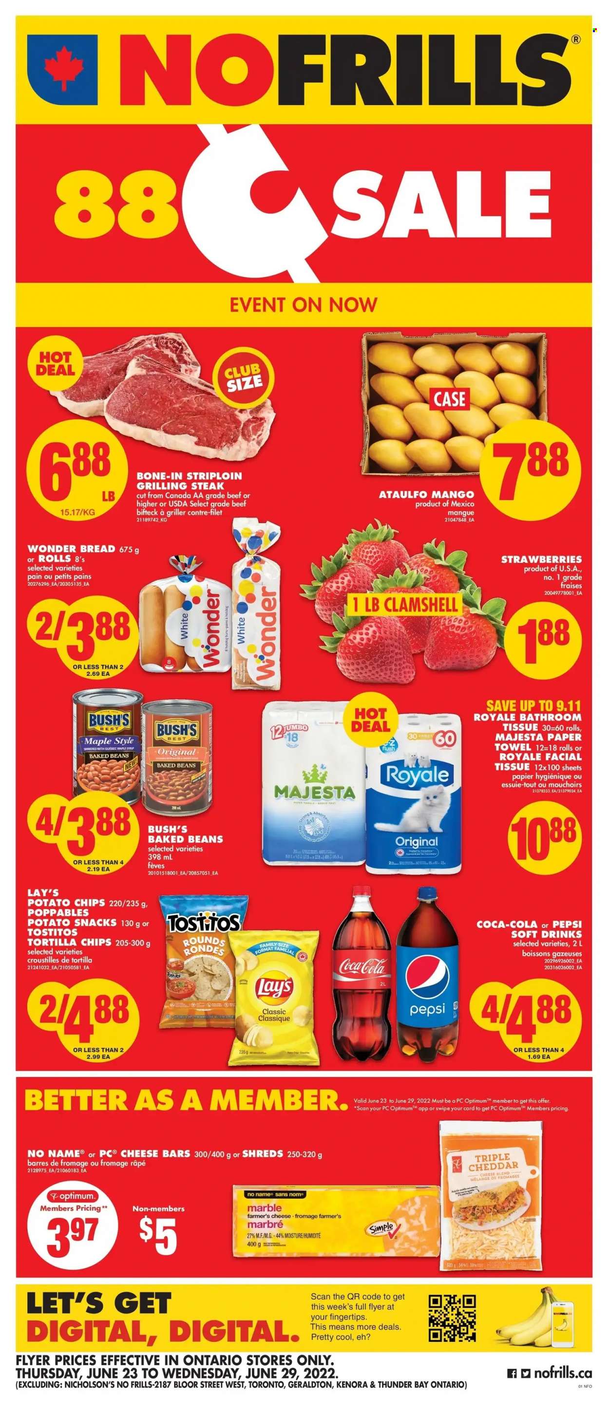 thumbnail - No Frills Flyer - June 23, 2022 - June 29, 2022 - Sales products - bread, hot dog rolls, buns, beans, mango, No Name, cheese, snack, tortilla chips, potato chips, chips, Lay’s, Tostitos, baked beans, maple syrup, syrup, Coca-Cola, Pepsi, soft drink, tissues, kitchen towels, paper towels, Optimum, steak. Page 1.
