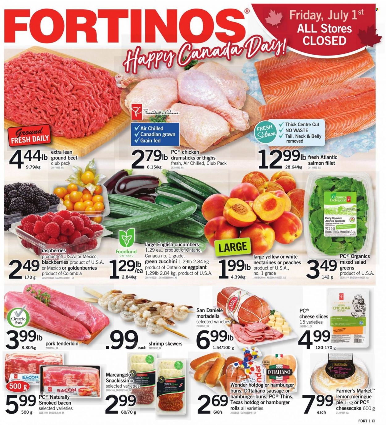 thumbnail - Circulaire Fortinos - 23 Juin 2022 - 29 Juin 2022 - Produits soldés - meringue, épinard, citron, nectarine, mortadella, bacon, Président. Page 1.
