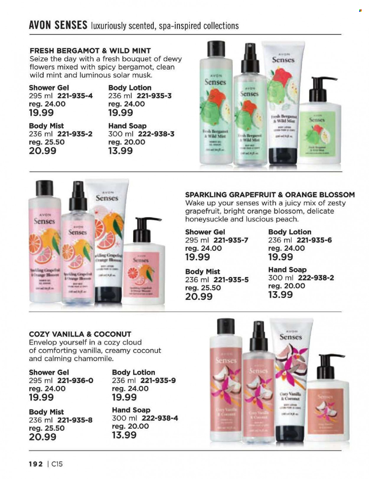 thumbnail - Avon Flyer - Sales products - shower gel, hand soap, Avon, soap, body lotion, body mist. Page 192.