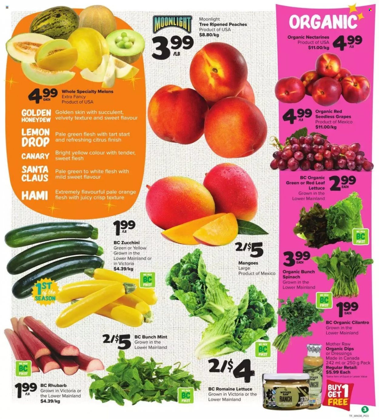 thumbnail - Thrifty Foods Flyer - June 23, 2022 - June 29, 2022 - Sales products - tart, rhubarb, spinach, zucchini, lettuce, romaine lettuce, grapes, mango, nectarines, seedless grapes, honeydew, melons, lemons, peaches, ham, dip, Santa, cilantro, mint, dressing, succulent. Page 3.