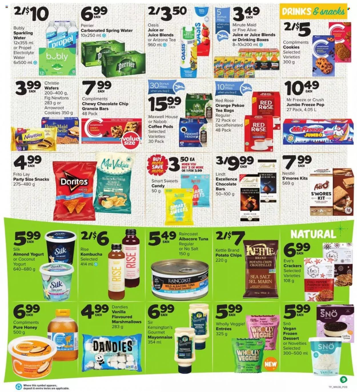 thumbnail - Circulaire Thrifty Foods - 23 Juin 2022 - 29 Juin 2022 - Produits soldés - dessert, Nestlé, mayonnaise, Oasis, granola, cookies, chips, crackers, Doritos, Perrier, Lindt. Page 9.