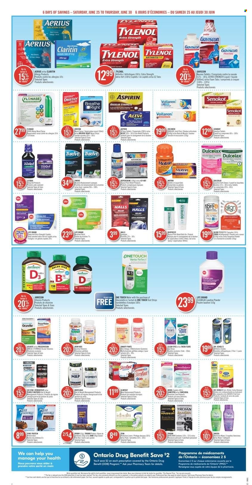 thumbnail - Shoppers Drug Mart Flyer - June 25, 2022 - June 30, 2022 - Sales products - Sony, Slimfast, Magnum, Halls, chewing gum, pastilles, protein bar, pants, roll-on, foot care, pain relief, Aleve, Dulcolax, Tylenol, ZzzQuil, Omega-3, Aspercreme, Gaviscon, laxative, aspirin, nasal spray, Motrin, Dr. Scholl's, Ocuvite, Tena Lady. Page 2.