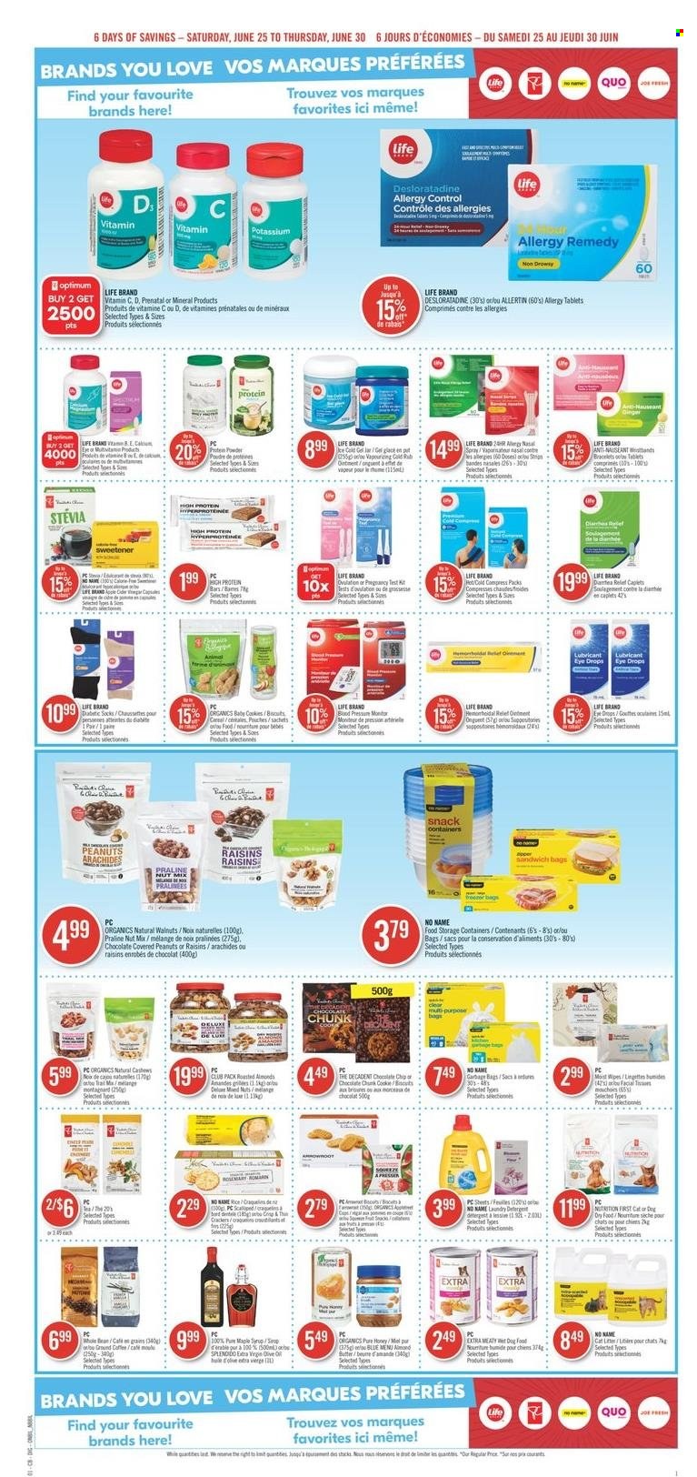 thumbnail - Shoppers Drug Mart Flyer - June 25, 2022 - June 30, 2022 - Sales products - No Name, butter, snack, stevia, sweetener, cereals, protein bar, ginger, rosemary, extra virgin olive oil, maple syrup, honey, syrup, almonds, cashews, walnuts, peanuts, coffee, ground coffee, wipes, ointment, toner, lubricant, bag, storage box, animal food, dog food, wet dog food, Optimum, socks, bracelet, multivitamin, vitamin c, Prenatal, eye drops, whey protein, pregnancy test, detergent. Page 14.