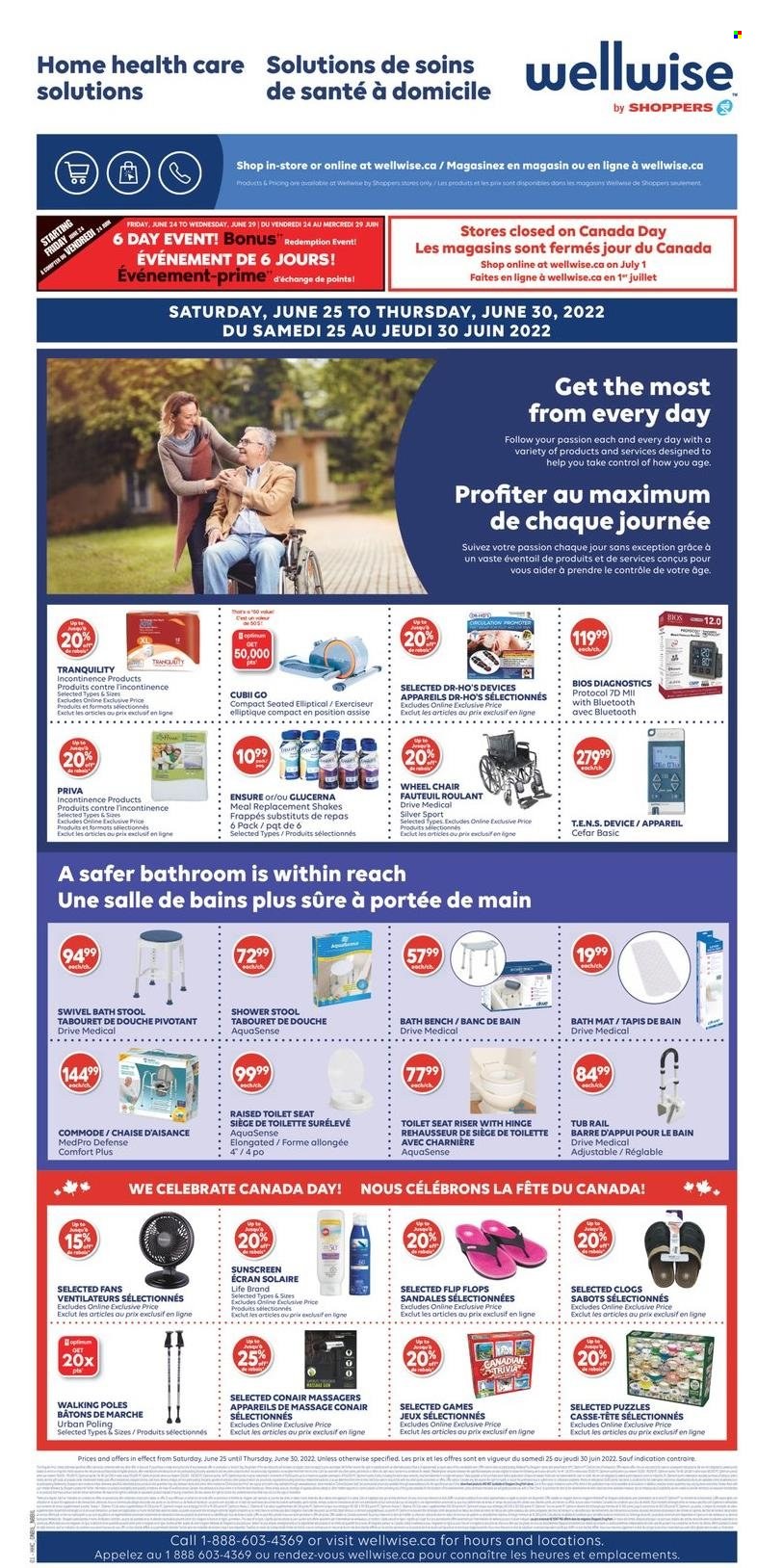 thumbnail - Shoppers Drug Mart Flyer - June 25, 2022 - June 30, 2022 - Sales products - chair, shake, Sure, bath mat, Optimum, bench, Glucerna, puzzle. Page 21.