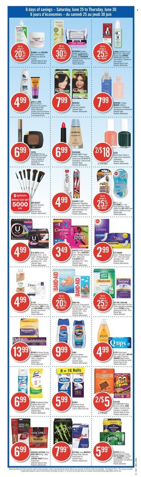 thumbnail - Shoppers Drug Mart Flyer - June 25, 2022 - June 30, 2022 - Sales products - jerky, cookies, Celebration, crackers, biscuit, Jack Link's, energy drink, Monster, Red Bull, Monster Energy, Perrier, wipes, Aveeno, Clean Mate, Playtex, Carefree, Kotex, tampons, CeraVe, L’Oréal, conditioner, BIC, nail enamel, lipstick, Optimum, Clear Care, Nexium, Antacid, band-aid, Dove, Colgate, Eucerin, Garnier, shampoo, Systane. Page 22.