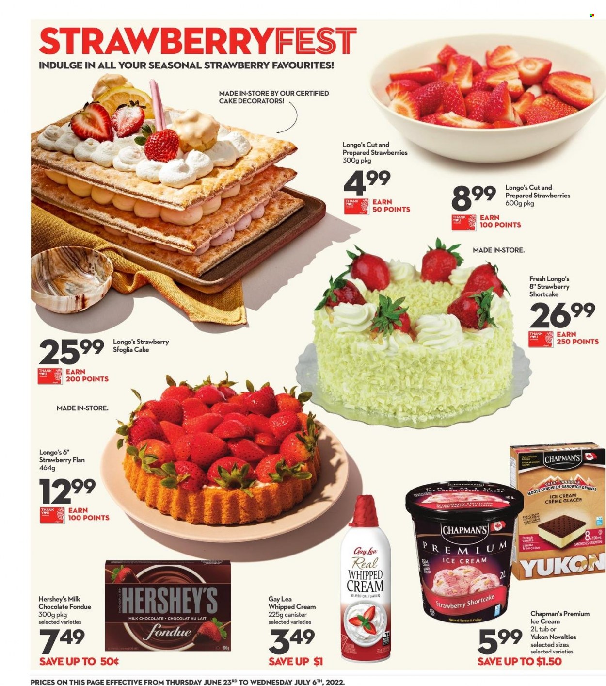 thumbnail - Longo's Flyer - June 23, 2022 - July 06, 2022 - Sales products - cake, strawberries, sandwich, whipped cream, ice cream, Hershey's, milk chocolate. Page 3.