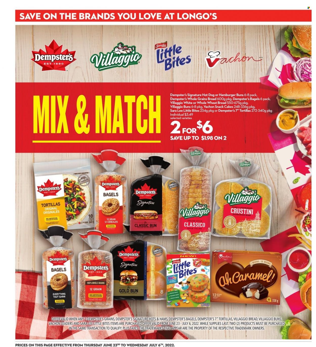 thumbnail - Longo's Flyer - June 23, 2022 - July 06, 2022 - Sales products - bagels, tortillas, wheat bread, cake, buns, burger buns, Sara Lee, hot dog, snack, Little Bites, Classico. Page 18.