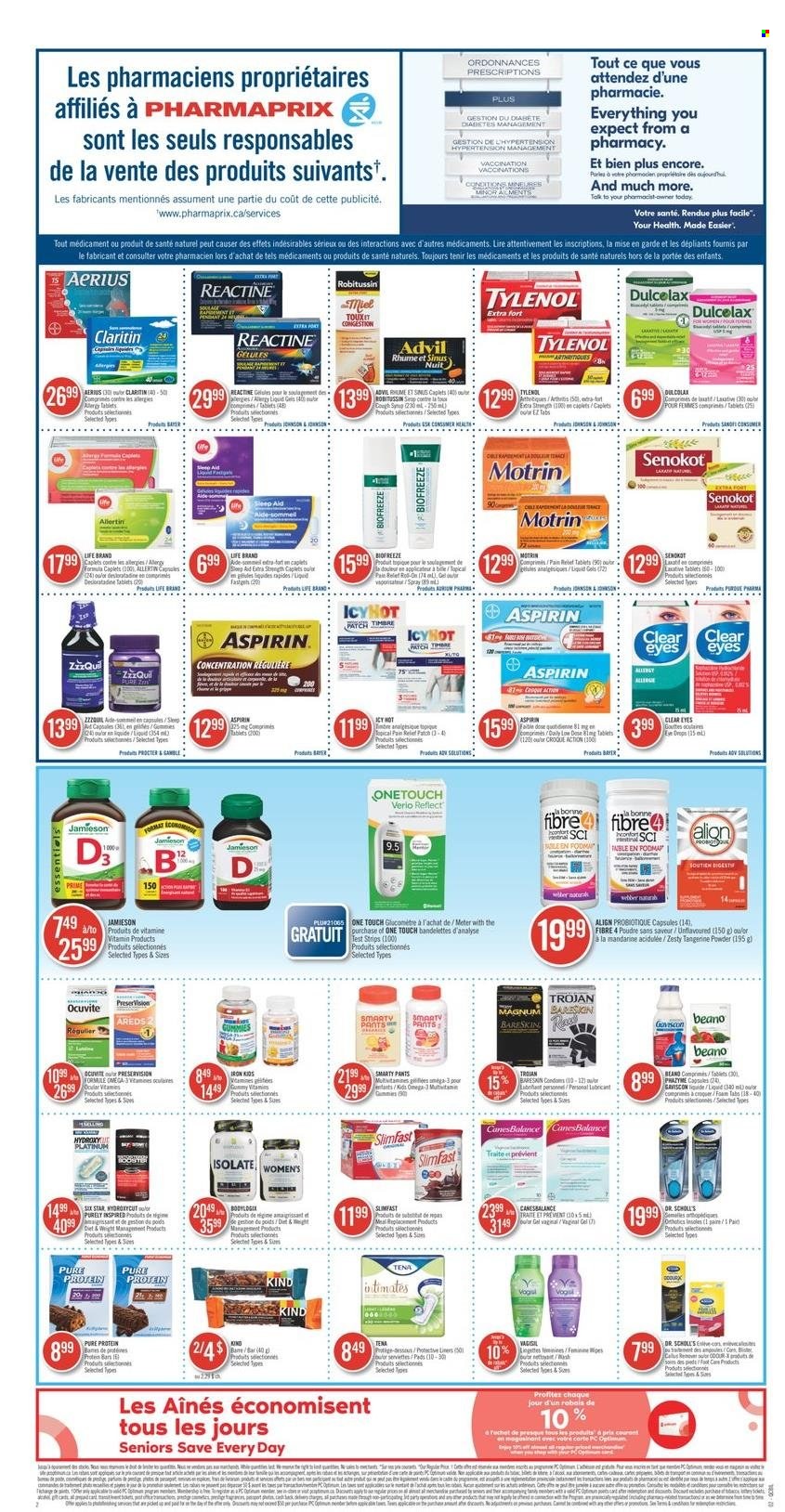thumbnail - Pharmaprix Flyer - June 25, 2022 - June 30, 2022 - Sales products - Slimfast, Magnum, syrup, pants, Johnson's, lubricant, foot care, pot, pain relief, Dulcolax, Tylenol, ZzzQuil, Omega-3, eye drops, Advil Rapid, laxative, Low Dose, aspirin, Motrin, Dr. Scholl's, Robitussin, Ocuvite, Tena Lady. Page 2.