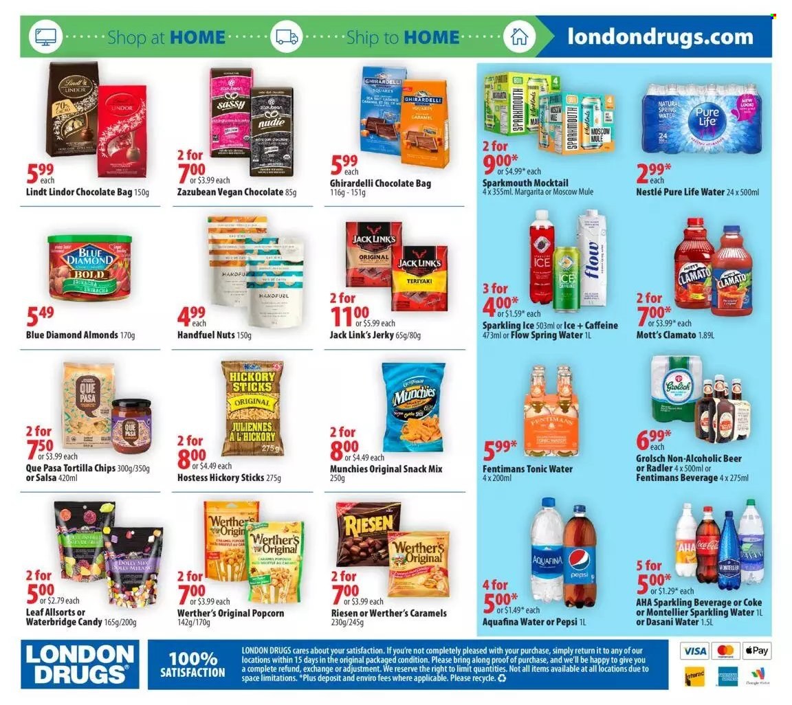 thumbnail - London Drugs Flyer - June 24, 2022 - June 29, 2022 - Sales products - chocolate, Ghirardelli, Mott's, tortilla chips, chips, popcorn, Jack Link's, salsa, almonds, Blue Diamond, Coca-Cola, Pepsi, tonic, Clamato, Aquafina, spring water, sparkling water, Pure Life Water, beer, Grolsch, Nestlé, Lindt, Lindor. Page 20.