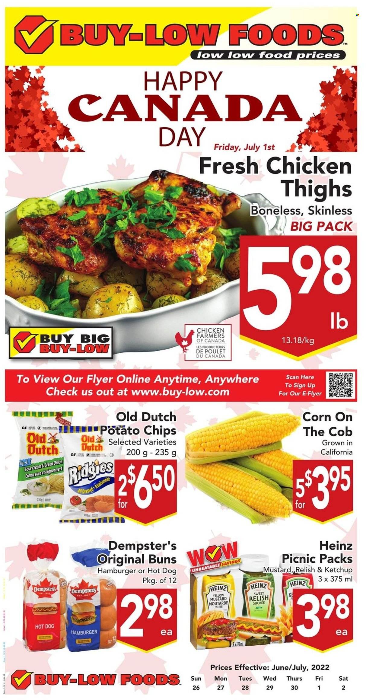 thumbnail - Buy-Low Foods Flyer - June 26, 2022 - July 02, 2022 - Sales products - buns, corn, onion, green onion, hot dog, hamburger, sour cream, potato chips, chips, mustard, chicken thighs, chicken, Sure, Heinz, ketchup. Page 1.