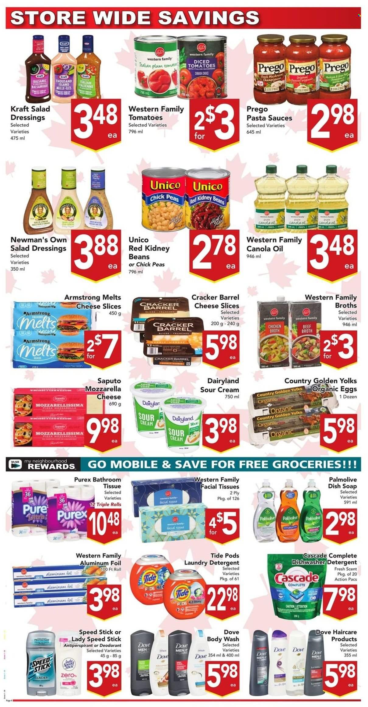 thumbnail - Buy-Low Foods Flyer - June 26, 2022 - July 02, 2022 - Sales products - beans, peas, pizza, pasta, Kraft®, sliced cheese, eggs, sour cream, Thousand Island dressing, crackers, beef broth, chicken broth, broth, kidney beans, diced tomatoes, spice, salad dressing, canola oil, bath tissue, Tide, laundry detergent, Cascade, Purex, body wash, Palmolive, soap, facial tissues, anti-perspirant, Speed Stick, detergent, Dove, deodorant. Page 5.