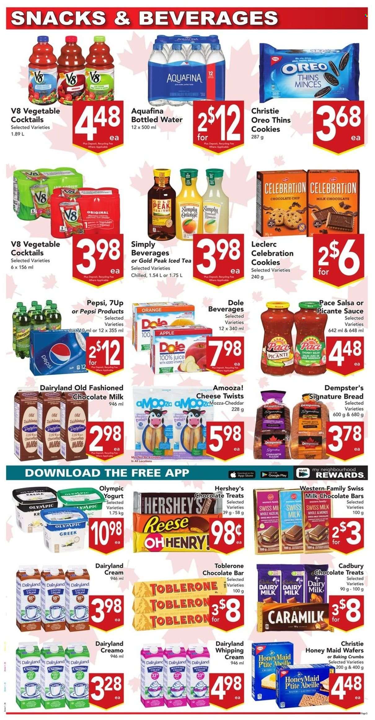 thumbnail - Buy-Low Foods Flyer - June 26, 2022 - July 02, 2022 - Sales products - bread, Dole, sauce, cheddar, cheese, yoghurt, whipping cream, Hershey's, cookies, milk chocolate, wafers, snack, Celebration, Toblerone, Cadbury, Dairy Milk, chocolate bar, Thins, Honey Maid, salsa, almonds, Pepsi, juice, ice tea, 7UP, Aquafina, bottled water, vitamin c, Oreo. Page 6.