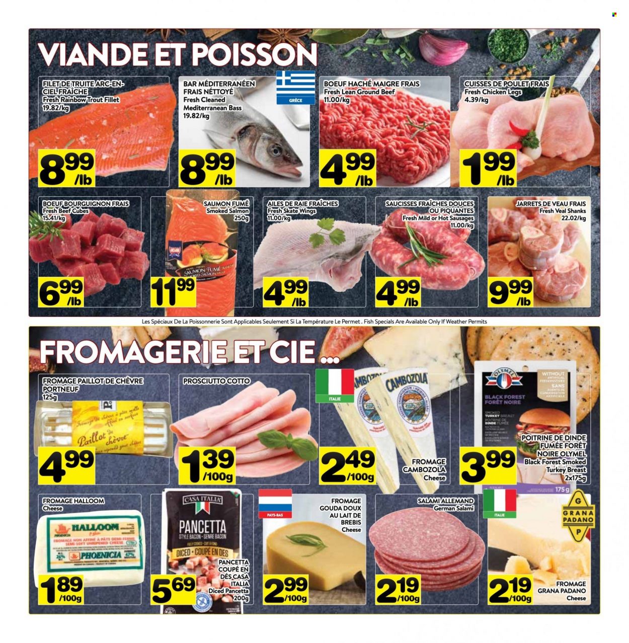 thumbnail - PA Supermarché Flyer - June 27, 2022 - July 03, 2022 - Sales products - salmon, smoked salmon, trout, fish, bacon, salami, prosciutto, sausage, gouda, cheese, Grana Padano, chicken legs, chicken, turkey, beef meat, ground beef, veal meat, pancetta. Page 2.