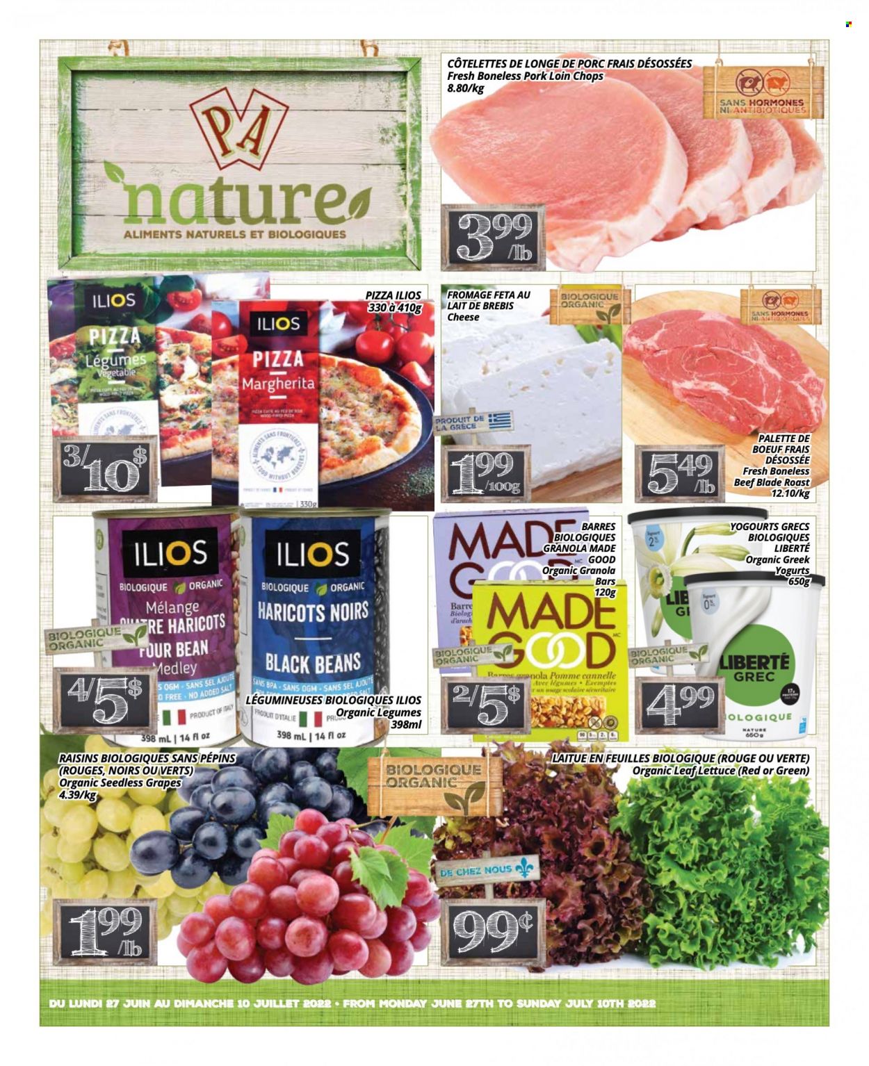 thumbnail - Circulaire PA Nature - 27 Juin 2022 - 10 Juillet 2022 - Produits soldés - pommes, longe de porc, pizza, féta, haricots, granola, raisins. Page 1.