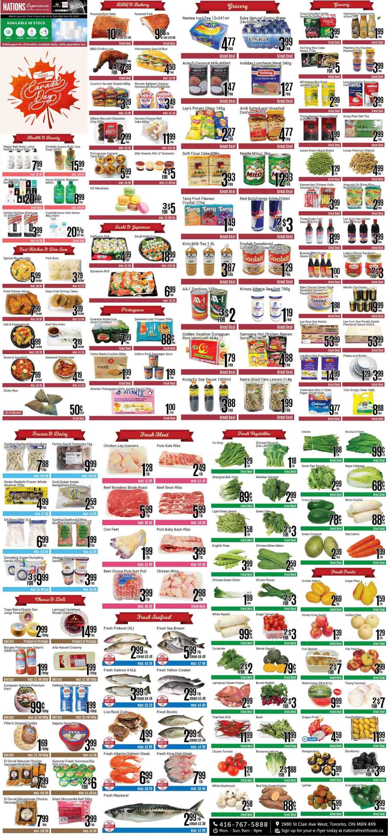 thumbnail - Nations Fresh Foods Flyer - June 24, 2022 - June 30, 2022 - Sales products - mushrooms, hot dog rolls, buns, burger buns, bok choy, broccoli, cabbage, green beans, radishes, sweet potato, kale, peas, onion, lettuce, white radish, green onion, chives, lychee, watermelon, papaya, pears, melons, dragon fruit, mackerel, salmon, sardines, squid, oysters, seafood, crab, fish, king fish, seabream, shrimps, abalone, fish steak, walleye, ramen, hot dog, sandwich, fried chicken, dumplings, noodles, salami, ham, sausage, hummus, lunch meat, Havarti, feta, Galbani, Provolone, Arla, custard, Milo, creamer, dip, ice cream, Häagen-Dazs, mixed vegetables, Country Harvest, biscotti, cookies, lady fingers, potato chips, Lay’s, cheese rolls, flour, sugar, topping, coconut milk, Borges, rice vermicelli, coriander, fish sauce, mustard, soy sauce, hoisin sauce, oyster sauce, Lee Kum Kee, Classico, sesame oil, oil, honey, cashews, roasted peanuts, peanuts, Planters, Coca-Cola, energy drink, ice tea, tonic, Red Bull, spring water, soda, coffee, Starbucks, frappuccino, Lavazza, chicken legs, chicken paws, chicken, beef ribs, pork belly, pork meat, pork ribs, pork back ribs, Tide, soap, Curél, Shiseido, body lotion, kiwi, mozzarella, Nestlé, shampoo, chorizo, chinese broccoli, steak, desinfection. Page 1.