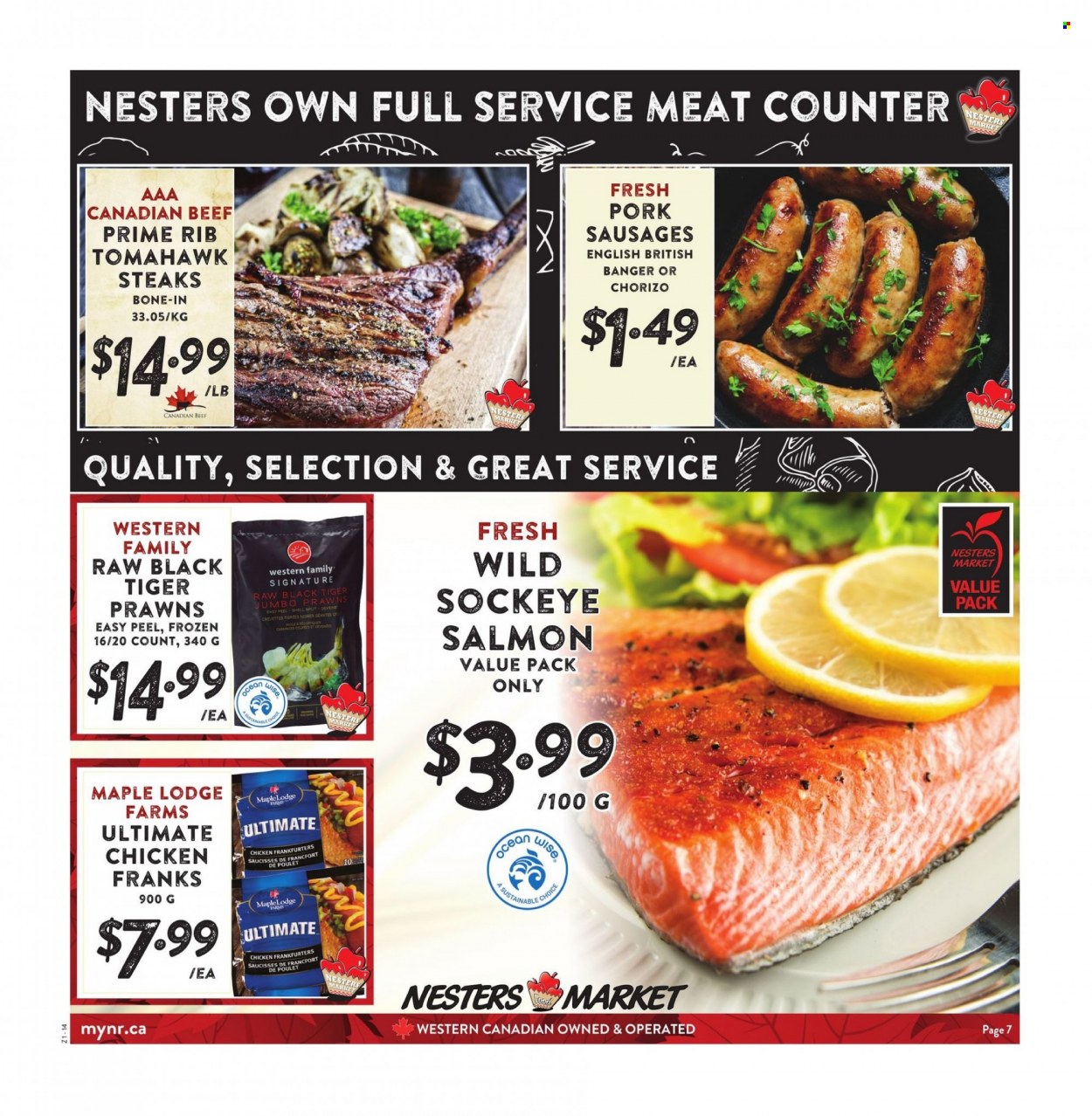 thumbnail - Nesters Food Market Flyer - June 26, 2022 - July 02, 2022 - Sales products - salmon, prawns, sausage, chicken frankfurters, tomahawk steak, chorizo, steak. Page 7.