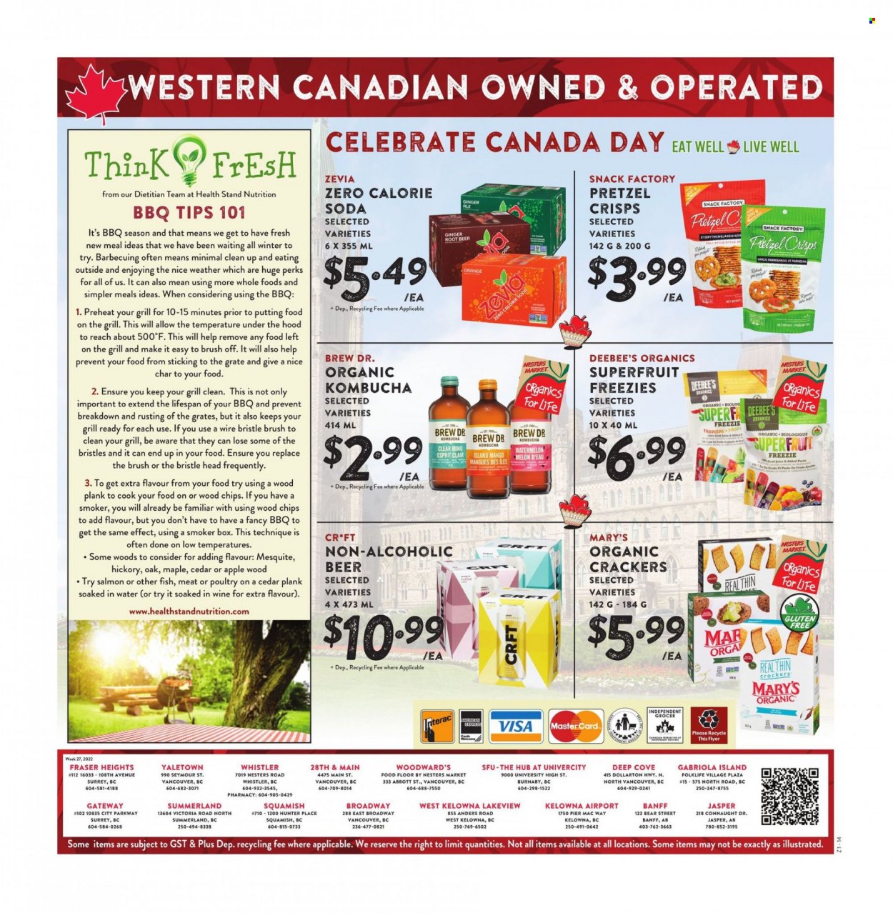thumbnail - Nesters Food Market Flyer - June 26, 2022 - July 02, 2022 - Sales products - garlic, ginger, watermelon, melons, salmon, fish, parmesan, snack, crackers, chips, pretzel crisps, soda, kombucha, ESPRIT, beer, Mum, oranges. Page 12.