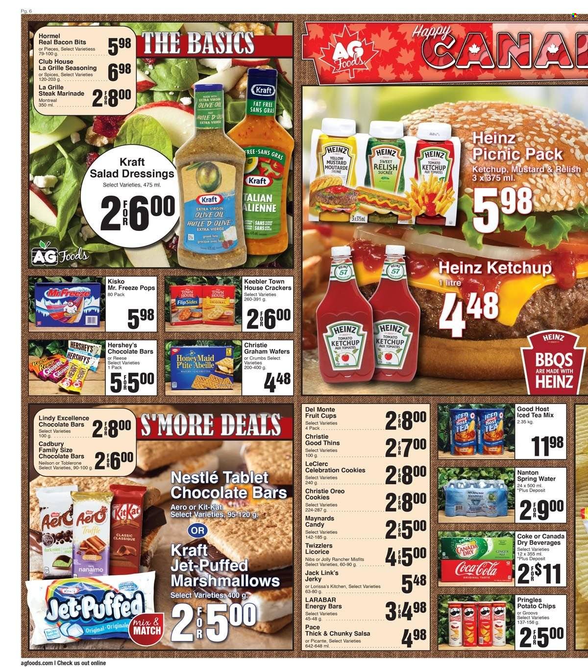 thumbnail - AG Foods Flyer - June 26, 2022 - July 02, 2022 - Sales products - fruit cup, Kraft®, Hormel, jerky, bacon bits, Hershey's, cookies, marshmallows, wafers, truffles, Celebration, crackers, Toblerone, Cadbury, Keebler, chocolate bar, potato chips, Pringles, chips, Thins, Jack Link's, energy bar, spice, mustard, salad dressing, salsa, marinade, extra virgin olive oil, olive oil, oil, Canada Dry, Coca-Cola, ice tea, spring water, Jet, Nestlé, Heinz, ketchup, Oreo, steak. Page 6.