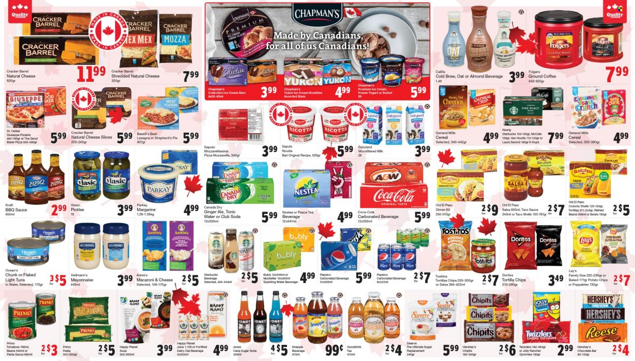 thumbnail - Quality Foods Flyer - June 27, 2022 - July 03, 2022 - Sales products - Old El Paso, tuna, macaroni & cheese, pizza, pasta sauce, soup, sauce, dinner kit, lasagna meal, Annie's, Kraft®, sliced cheese, Dr. Oetker, yoghurt, milk, Silk, margarine, mayonnaise, Hellmann’s, ice cream, ice cream bars, Hershey's, crackers, chocolate bar, Doritos, tortilla chips, potato chips, Lay’s, Tostitos, cane sugar, sugar, refried beans, tuna in water, pickles, light tuna, cereals, Cheerios, cinnamon, BBQ sauce, caramel, taco sauce, salsa, Canada Dry, Coca-Cola, ginger ale, juice, tonic, Snapple, A&W, Club Soda, sparkling water, tea, coffee, Folgers, ground coffee, Starbucks, McCafe, Keurig, ricotta. Page 4.